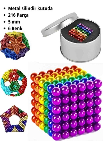 Neocube Manyetik Boncuk 216 Parça – 5mm Renkli Neodyum Metal Küp Puzzle Oyuncak, Zeka Geliştirici Eğitici LEGO Tarzı Magnet Set, Metal Kutulu