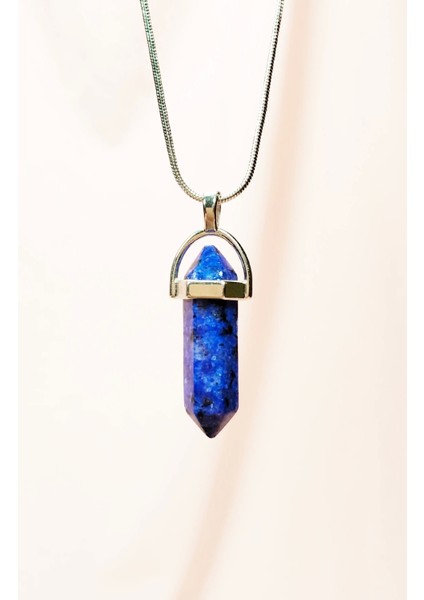 Lapis Lazuli Doğal Taşı Zincirli El Yapımı Tasarımlı Kolye Uç: 3,5 cm Zincir: 20 cm Kutulu
