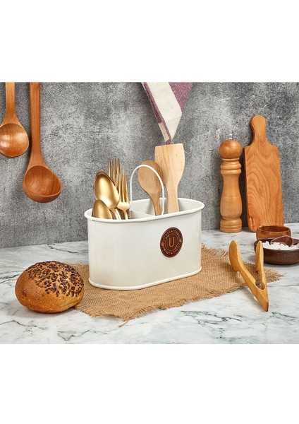 Tezgah Üstü 2 Bölmeli Metal Düzenleyici, Şık ve Kullanışlı Kaşıklık Beyaz