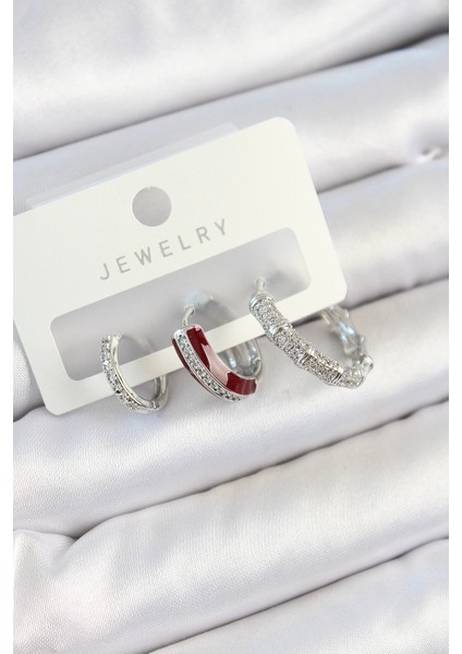 Pirinç Zirkon Taşlı Bordo Pembe Halka Model Gümüş Renk 3'lü Çift Kadın Küpe Set