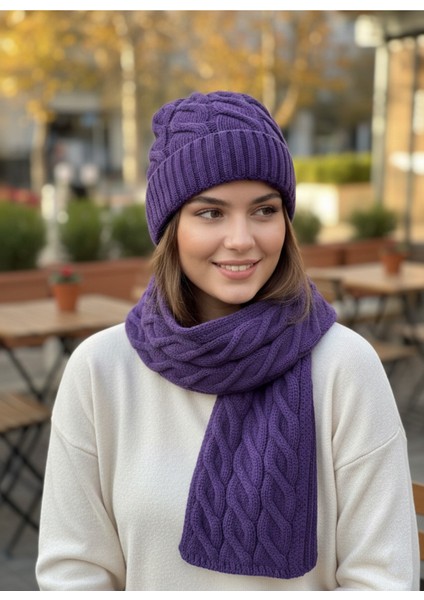 Kadın Yün Kışlık Şık Örme Bere ve Atkı Ikili Set Takım