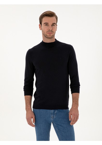 Erkek Lacivert Slim Fit Kaşmir İpek Karışımlı Çeyrek Balıkçı Yaka Triko Kazak 50316299-VR033