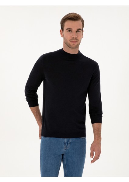 Erkek Lacivert Slim Fit Kaşmir İpek Karışımlı Çeyrek Balıkçı Yaka Triko Kazak 50316299-VR033 modelleri