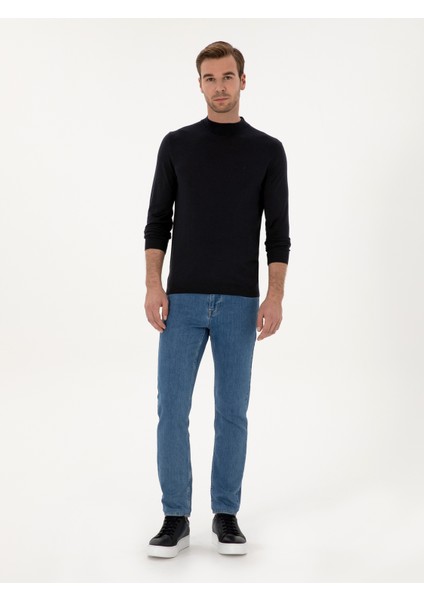 Erkek Lacivert Slim Fit Kaşmir İpek Karışımlı Çeyrek Balıkçı Yaka Triko Kazak 50316299-VR033 fırsatları