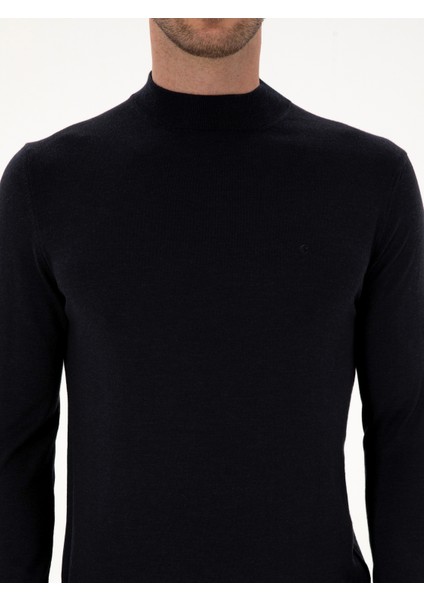 Erkek Lacivert Slim Fit Kaşmir İpek Karışımlı Çeyrek Balıkçı Yaka Triko Kazak 50316299-VR033