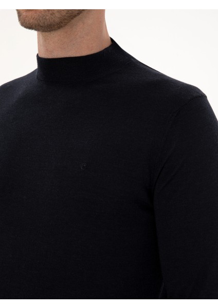 Erkek Lacivert Slim Fit Kaşmir İpek Karışımlı Çeyrek Balıkçı Yaka Triko Kazak 50316299-VR033