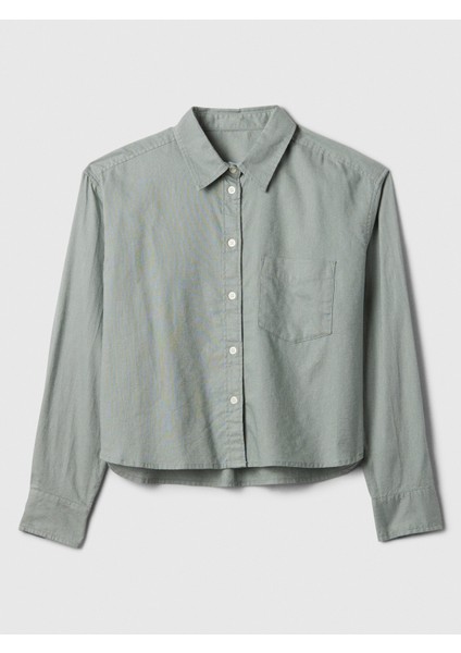 Kadın Yeşil Keten Karışımlı Crop Gömlek