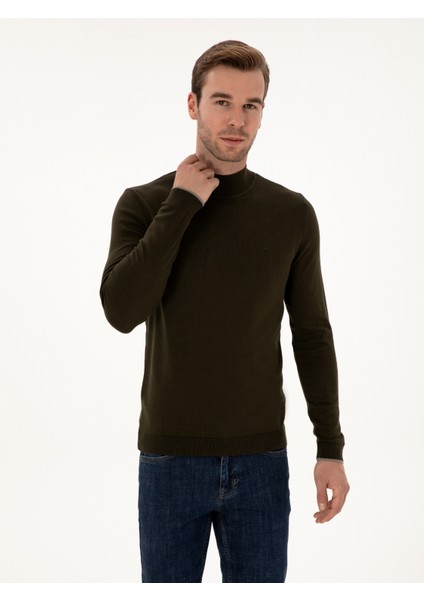 Erkek Haki Slim Fit Pamuk Karışımlı Yarım Balıkçı Yaka Triko Kazak 50318677-VR027