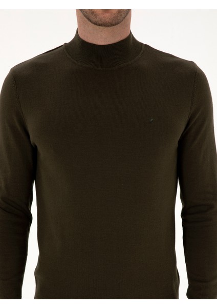 Erkek Haki Slim Fit Pamuk Karışımlı Yarım Balıkçı Yaka Triko Kazak 50318677-VR027