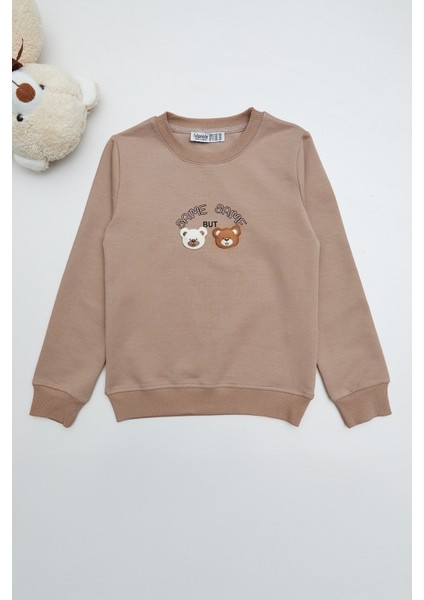 Ayıcık Nakışlı Bisiklet Yaka Kız Çocuk Sweatshirt