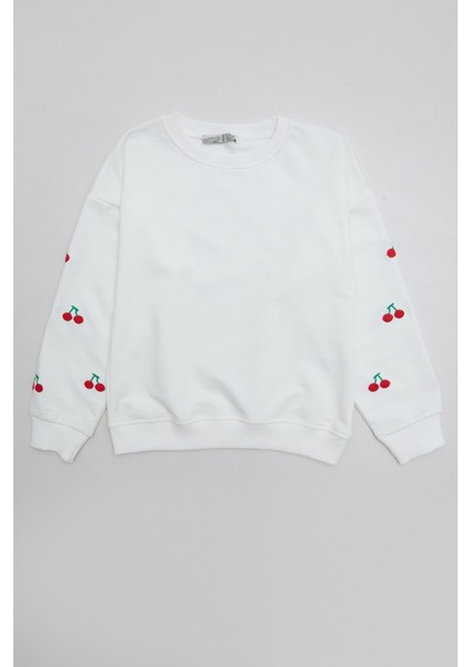 Kolları Kiraz Nakışlı Kız Çocuk Sweatshirt