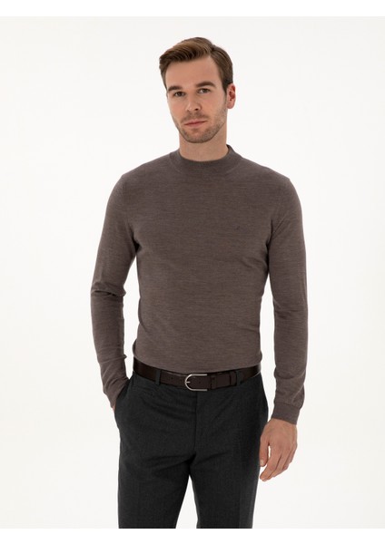 Erkek Vizon Slim Fit Kaşmir İpek Karışımlı Çeyrek Balıkçı Yaka Triko Kazak 50316299-VR052