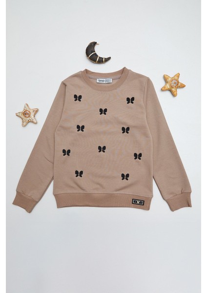 Kelebek Nakışlı Bisiklet Yaka Kız Çocuk Sweatshirt