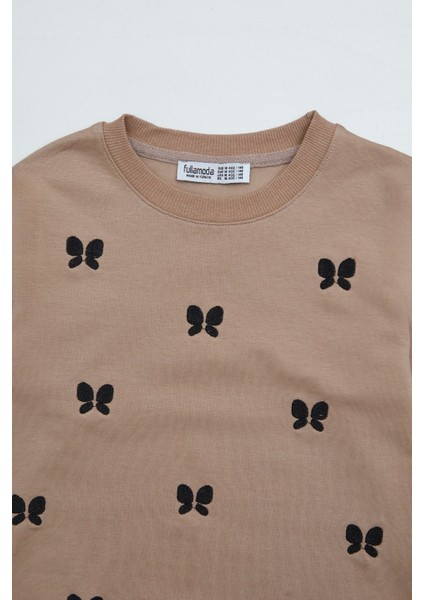 Kelebek Nakışlı Bisiklet Yaka Kız Çocuk Sweatshirt fiyatları