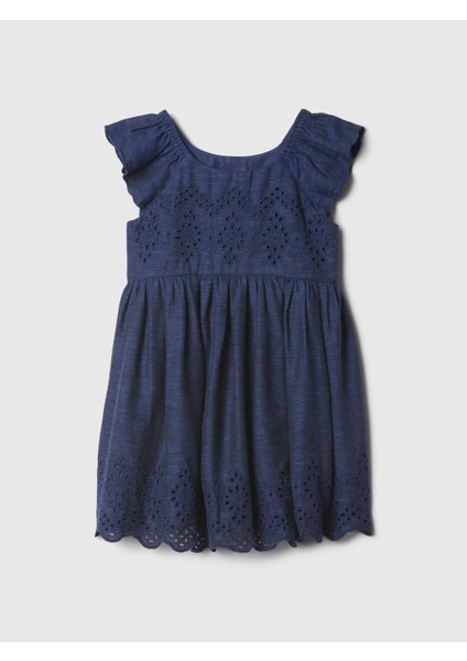 Kız Bebek Koyu Mavi Fırfır Kollu Fisto Işlemeli Elbise modelleri