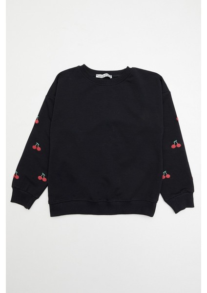 Kolları Kiraz Nakışlı Kız Çocuk Sweatshirt