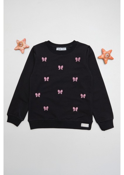 Kelebek Nakışlı Bisiklet Yaka Kız Çocuk Sweatshirt