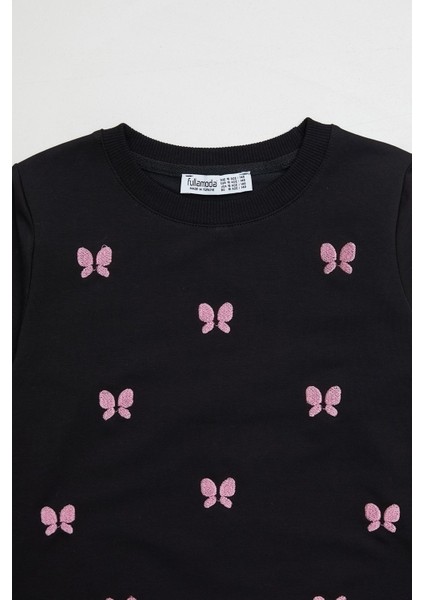 Kelebek Nakışlı Bisiklet Yaka Kız Çocuk Sweatshirt fiyatları