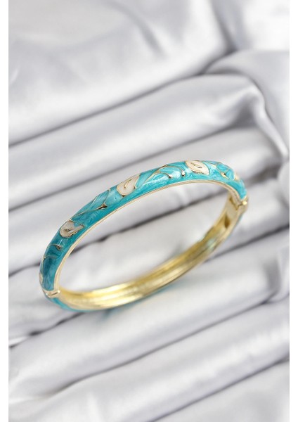 Mineli Pirinç Krem ve Turkuaz Yaprak Motifli Gold Renk Kadın Kelepçe