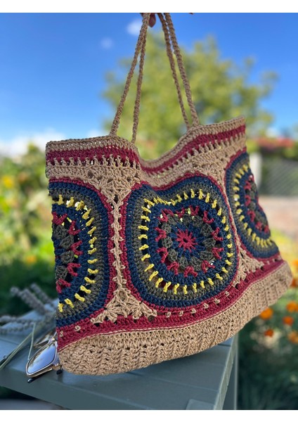 El Yapımı Büyük Hasır Örgü Plaj Çantası –astarsız Renkli Bohem Omuz Çantası Yazlık