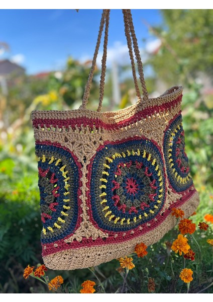 El Yapımı Büyük Hasır Örgü Plaj Çantası –astarsız Renkli Bohem Omuz Çantası Yazlık fiyatları