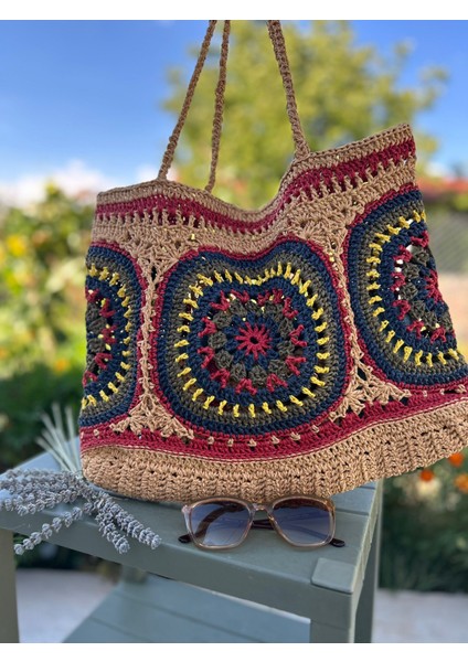 El Yapımı Büyük Hasır Örgü Plaj Çantası –astarsız Renkli Bohem Omuz Çantası Yazlık fırsatları