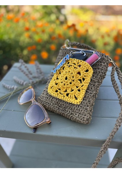 El Yapımı Örgü Telefon Çantası – Küçük Boy Hasır Görünümlü Omuz Çantası