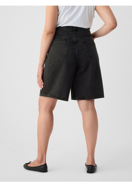 Kadın Siyah 11.5" Mid Rise Longline Denim Şort