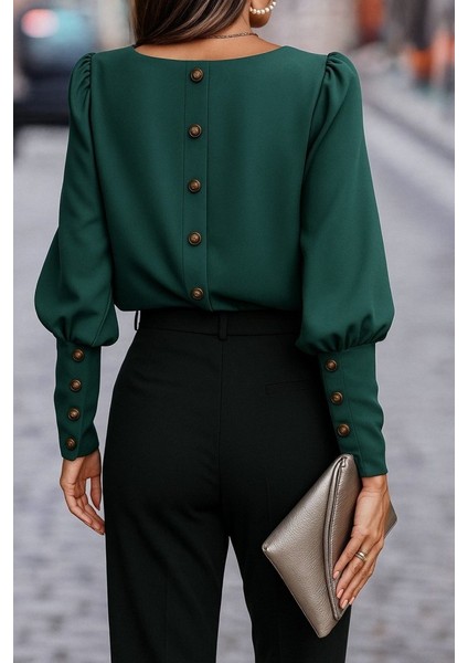 Kadın Uzun Kollu Yuvarlak Yakalı Düğmeli Ithal Krep Bluz