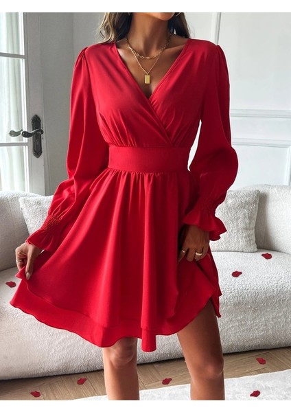 Kadın Uzun Kollu Kruvaze Yakalı Mini Sandy Elbise fırsatları