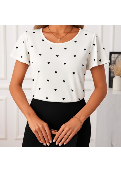 Kadın Kısa Kelebek Kollu Bisiklet Yaka Kalp Desenli Süprem Bluz