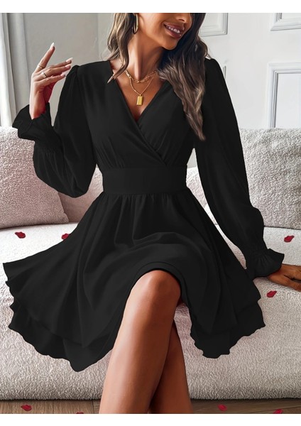 Kadın Uzun Kollu Kruvaze Yakalı Mini Sandy Elbise