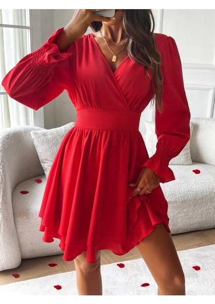 Kadın Uzun Kollu Kruvaze Yakalı Mini Sandy Elbise modelleri
