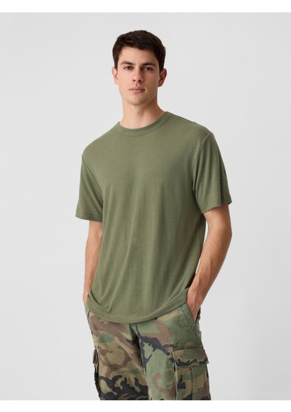 Erkek Haki Keten Karışımlı T-Shirt indirimleri