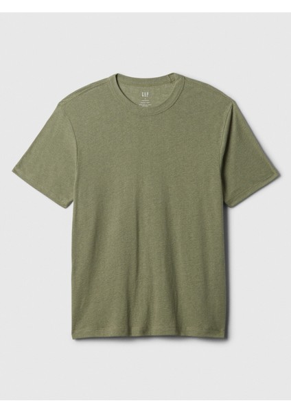 Erkek Haki Keten Karışımlı T-Shirt