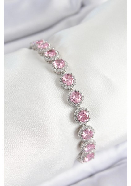 Pirinç Pembe Zirkon Taşlı Daire Baget Model Gümüş Renk Vıp Seri Kadın Bileklik