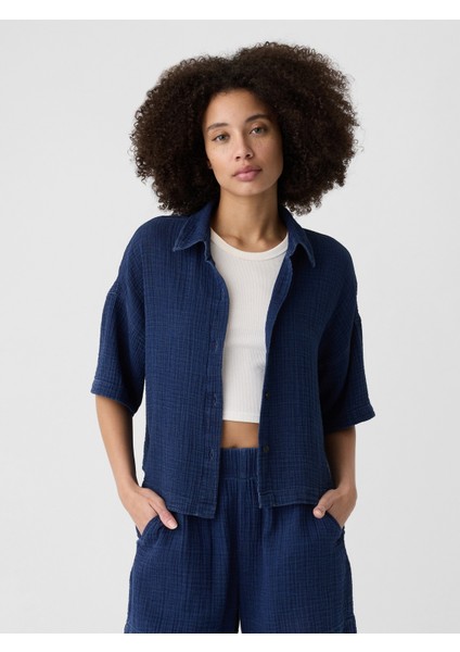 Kadın Koyu Mavi Gauze Crop Bluz