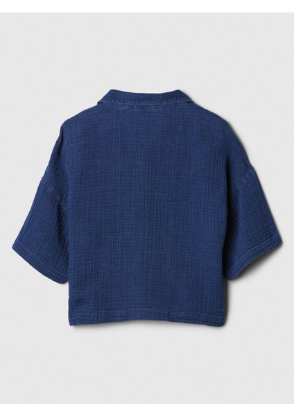 Kadın Koyu Mavi Gauze Crop Bluz