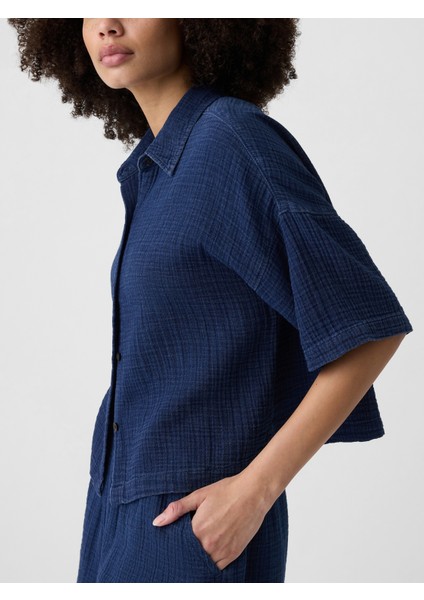 Kadın Koyu Mavi Gauze Crop Bluz