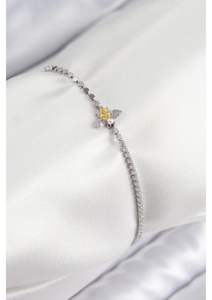 Pirinç Zirkon Taşlı Arı Model Ezme Zincir Gümüş Renk Kadın Bileklik