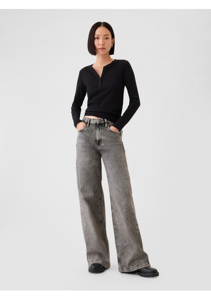 Kadın Siyah High Rise Stride Wide-Leg Jean Pantolon
