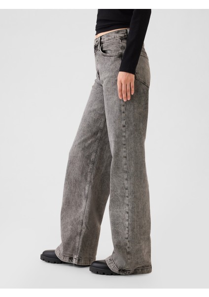 Kadın Siyah High Rise Stride Wide-Leg Jean Pantolon