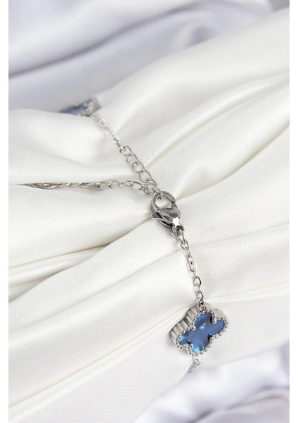 316L Çelik Sedefli Lacivert Gümüş Renk Yonca Kadın Bileklik fiyatları