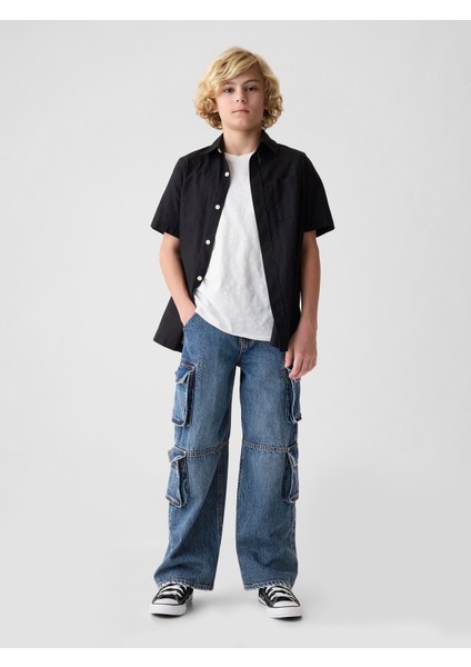 Erkek Çocuk Mavi Double Kargo Baggy Jean Pantolon