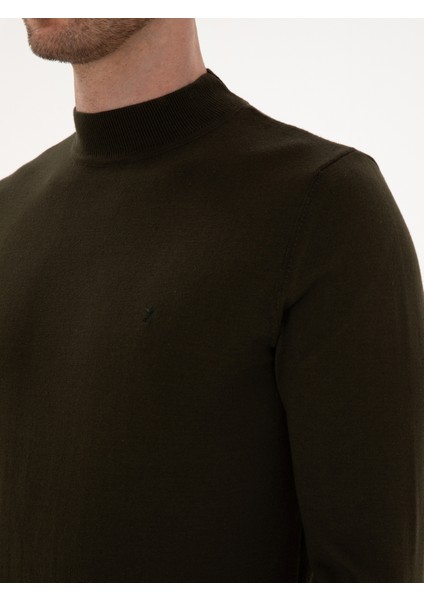 Erkek Haki Slim Fit Pamuk Karışımlı Çeyrek Balıkçı Yaka Basic Triko Kazak 50318704-VR027