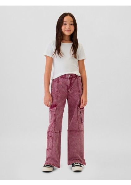Kız Çocuk Pembe Low Rise Stride Baggy Kargo Jean Pantolon