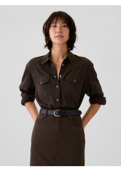 Kadın Kahverengi Crop Denim Gömlek