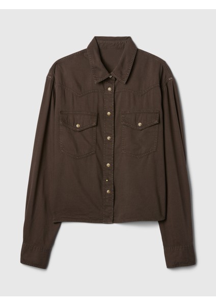 Kadın Kahverengi Crop Denim Gömlek