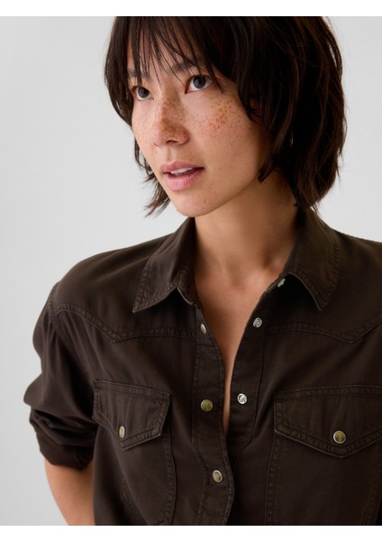 Kadın Kahverengi Crop Denim Gömlek