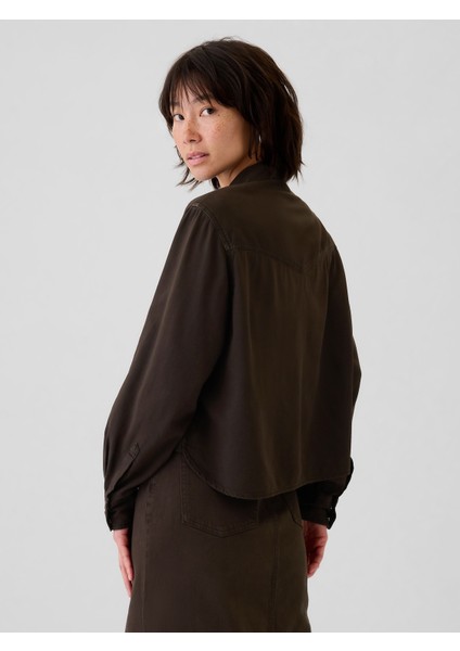 Kadın Kahverengi Crop Denim Gömlek